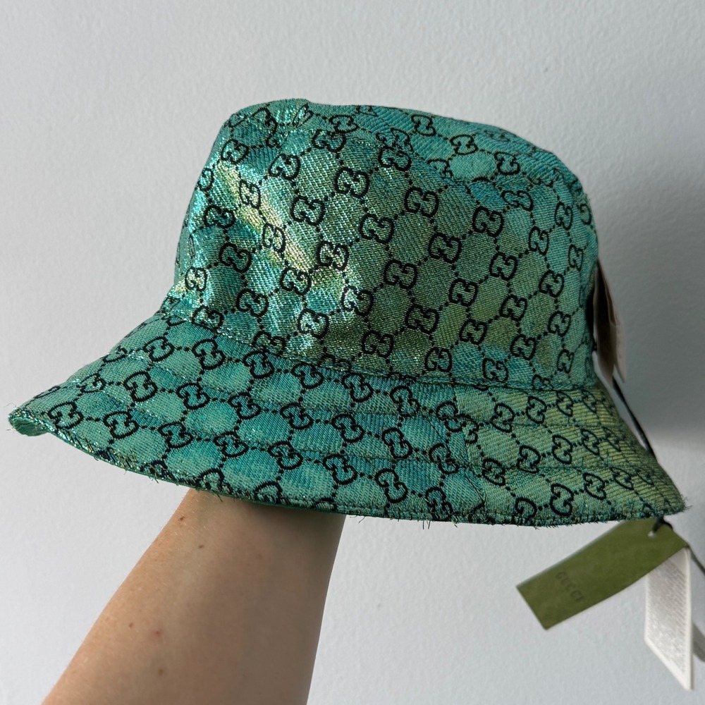 Auth Gucci Hat Bucket Style Reversible Green Metallic GG Monogram Size S Retro - Picture 9 of 10